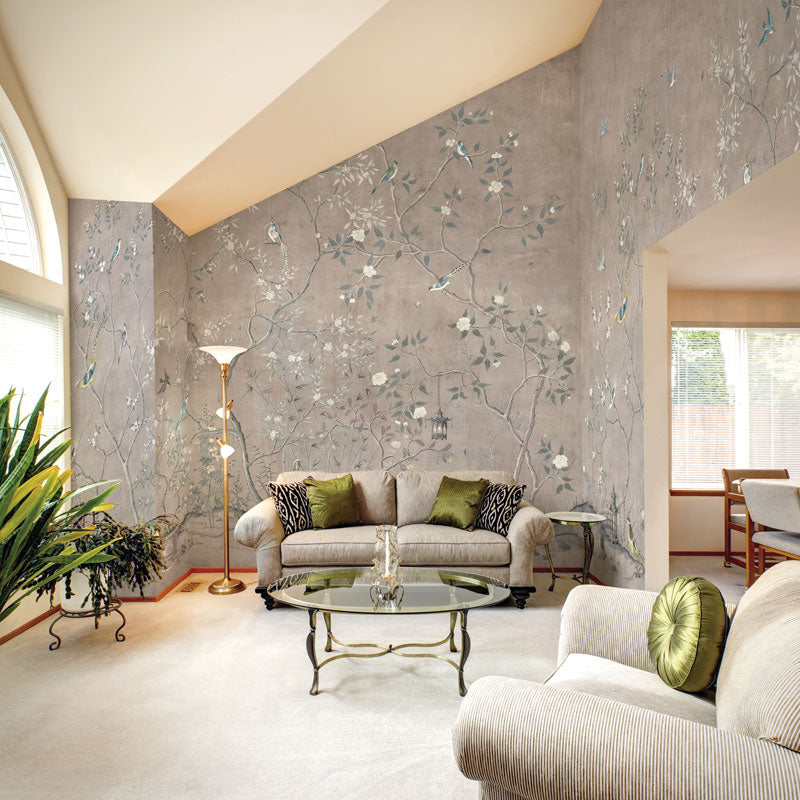 Mink Chinoiserie Wallpaper : Blossom Branch Birdcage Mural - View 3