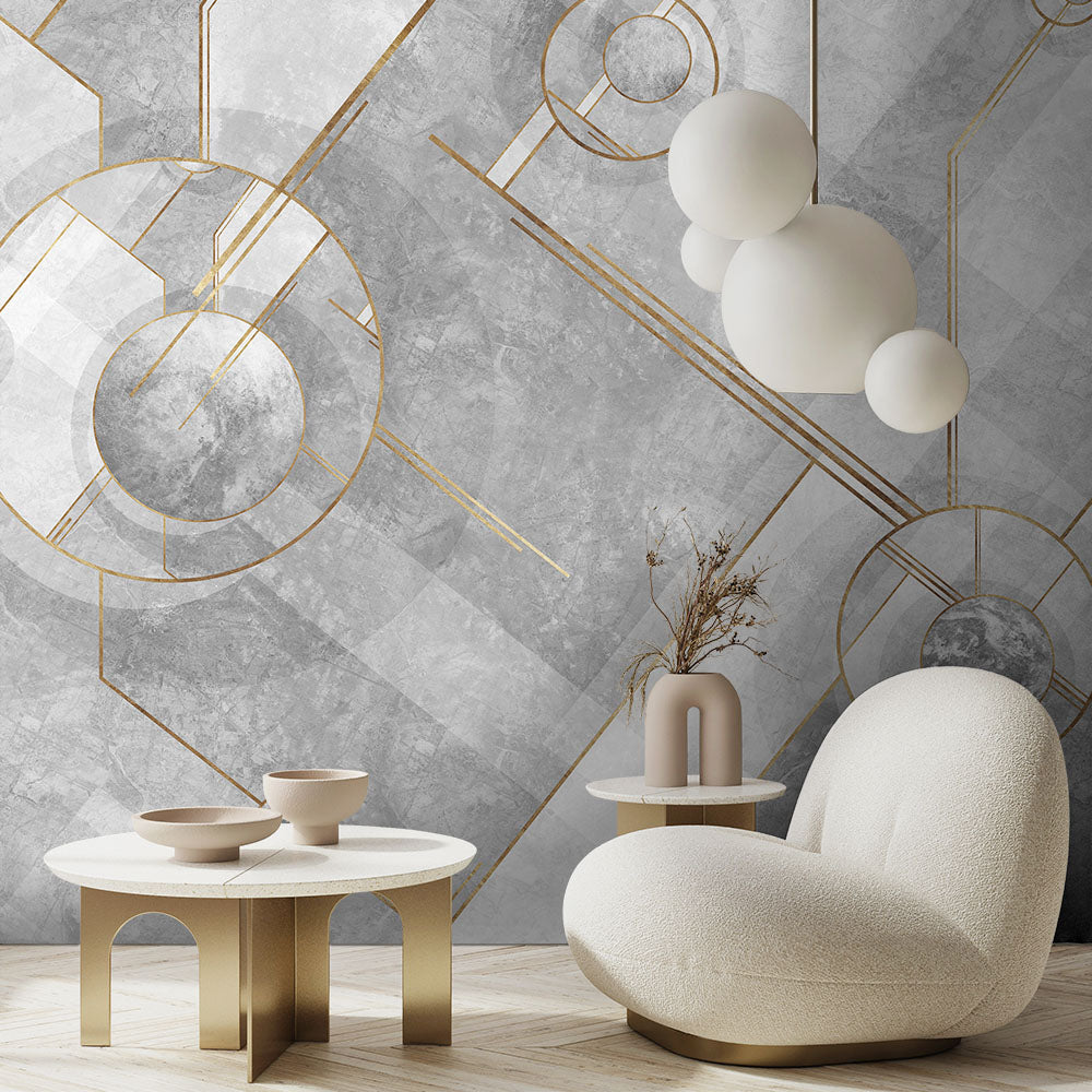 Black Gold Geometric Wallpaper : Marble Circle Art Deco Mural