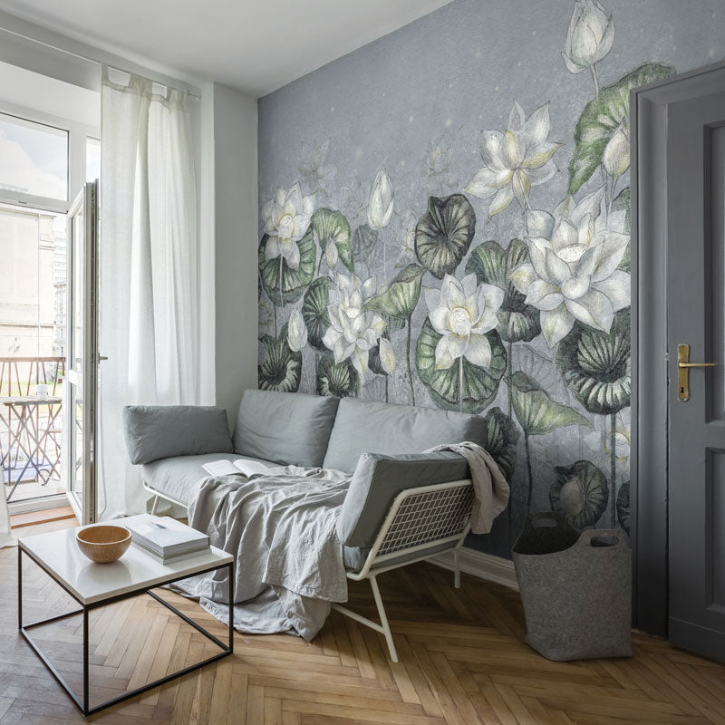 Lotus Leaf Wallpaper : Soft Cream Water Lily Mural - View 5