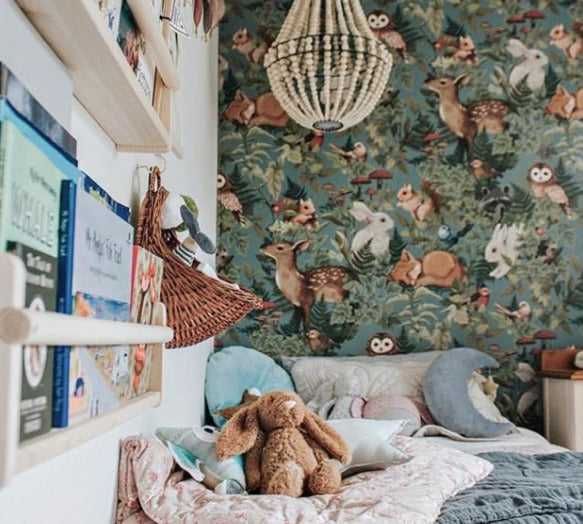 Woodland Animals Wallpaper : Fox Owl Bunny Forest Pattern - View 3