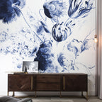 Blue Delft Floral Wallpaper : Indigo Watercolour Tulip Mural