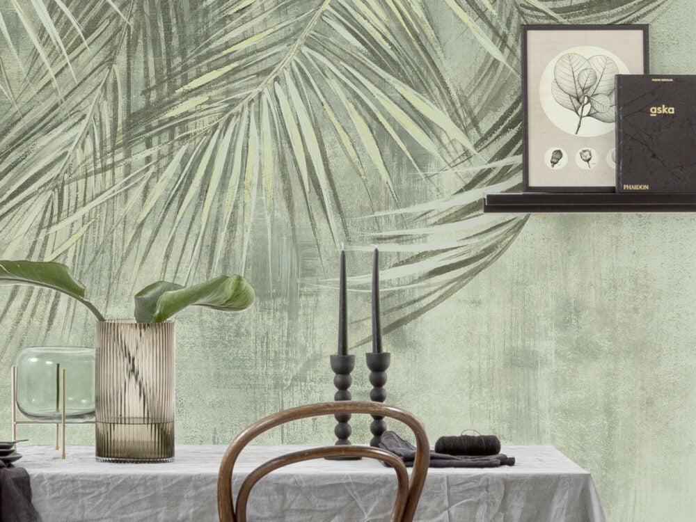 Hanging Palm Fronds Wallpaper : Sage Textured Tropical Mural - View 3
