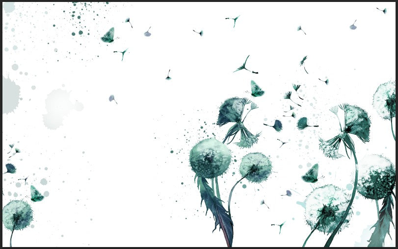 Teal Dandelion Wallpaper : Watercolor Blowing Seeds Mural - View 2