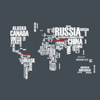 Typography World Map Wallpaper : Country Names on Charcoal Mural - flat design
