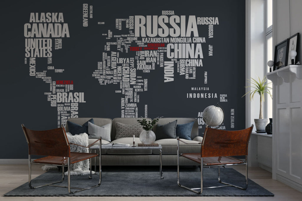 Typography World Map Wallpaper : Country Names on Charcoal Mural - View 2