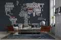 Typography World Map Wallpaper : Country Names on Charcoal Mural