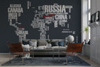 Typography World Map Wallpaper : Country Names on Charcoal Mural