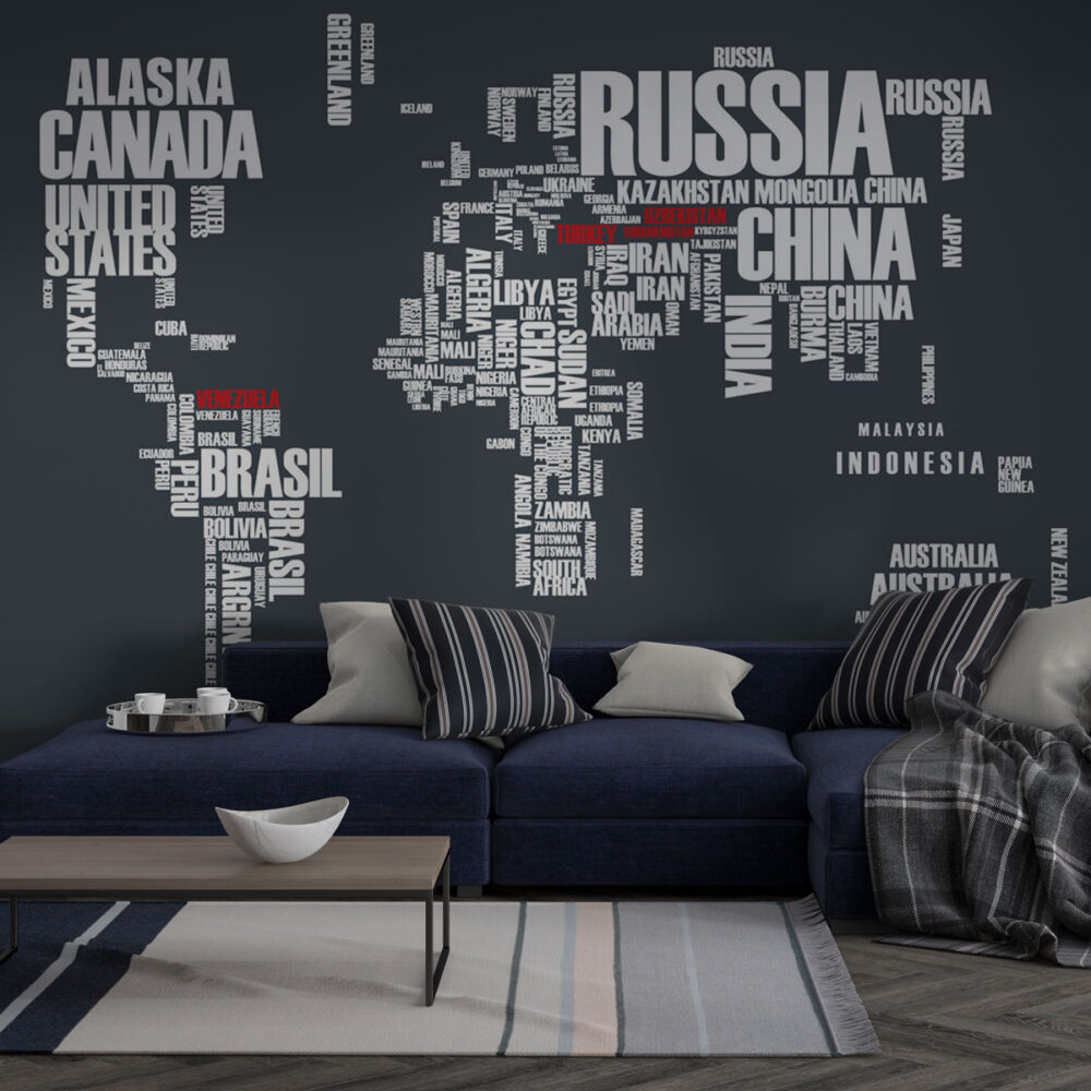 Typography World Map Wallpaper : Country Names on Charcoal Mural - View 3