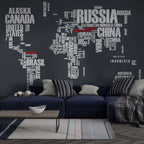 Typography World Map Wallpaper : Country Names on Charcoal Mural - View 3