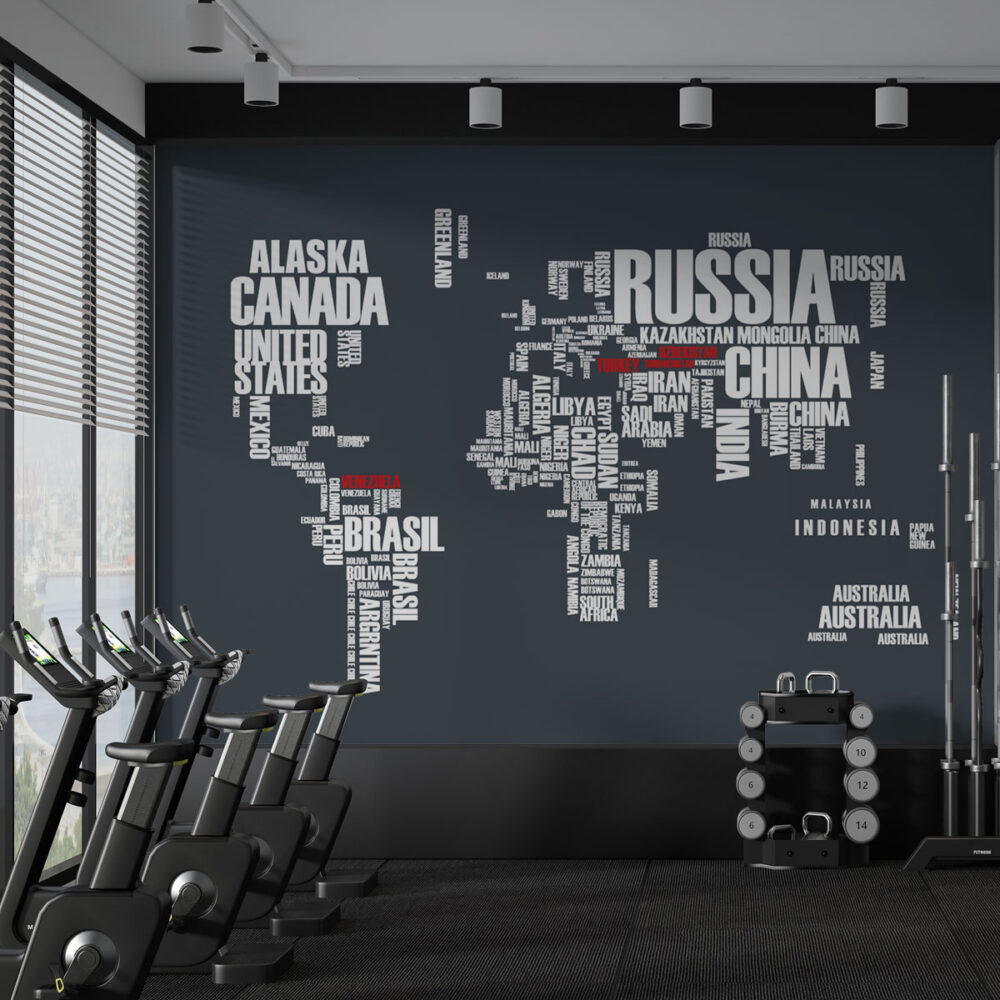 Typography World Map Wallpaper : Country Names on Charcoal Mural - View 4
