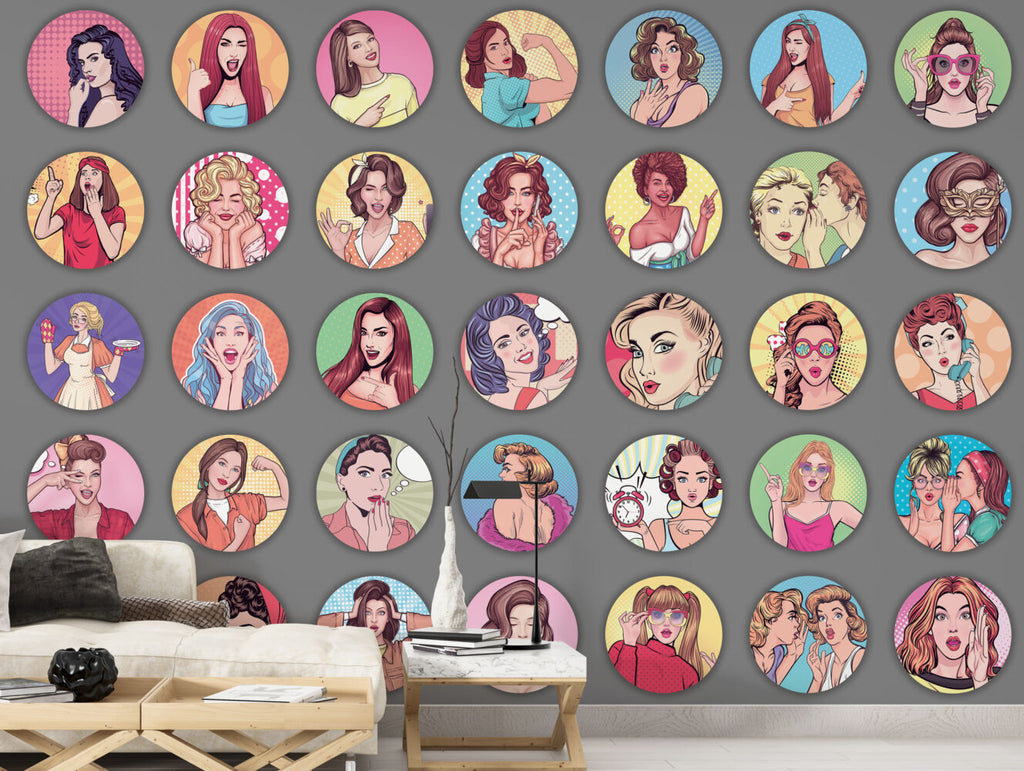 Retro Pop Art Wallpaper : Comic Women Circles on Grey Mural