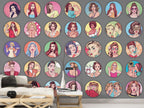 Retro Pop Art Wallpaper : Comic Women Circles on Grey Mural