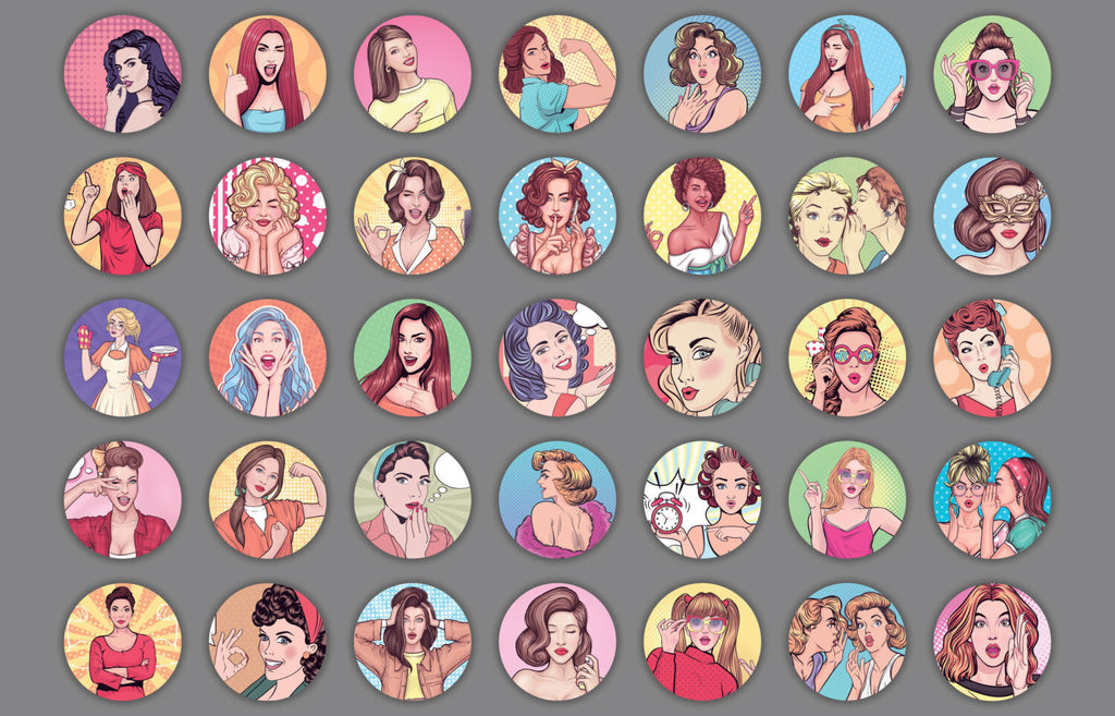 Retro Pop Art Wallpaper : Comic Women Circles on Grey Mural - flat design