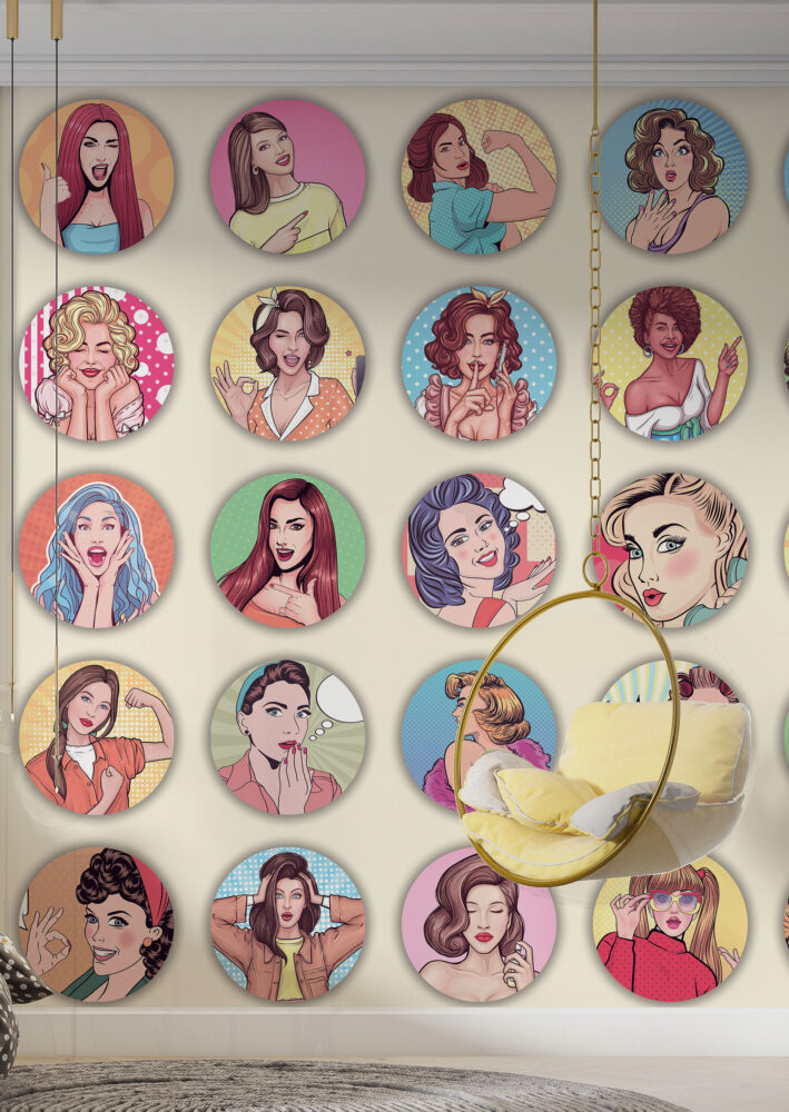 Retro Pop Art Wallpaper : Comic Women Circles on Cream Mural