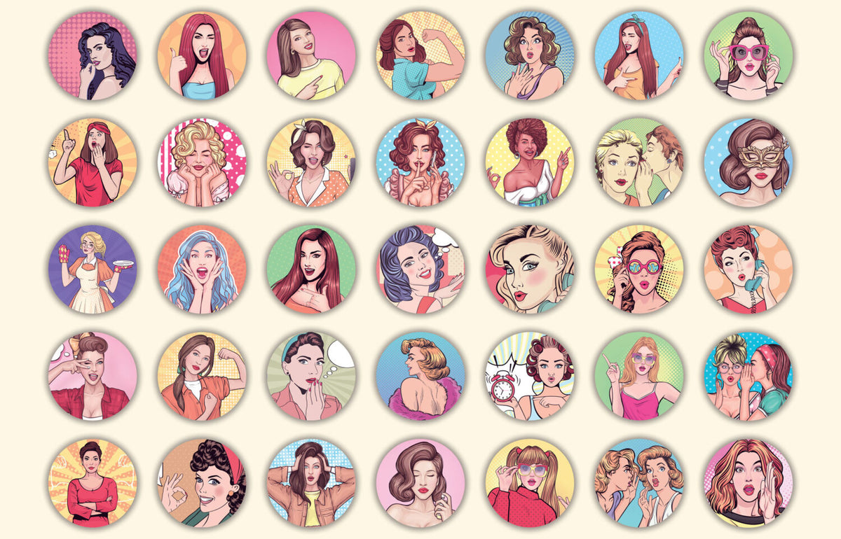 Retro Pop Art Wallpaper : Comic Women Circles on Cream Mural - flat design