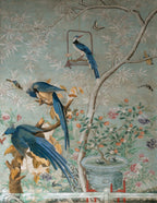 Blue Bird Chinoiserie Wallpaper : Vintage Branches and Blossoms Mural - flat design