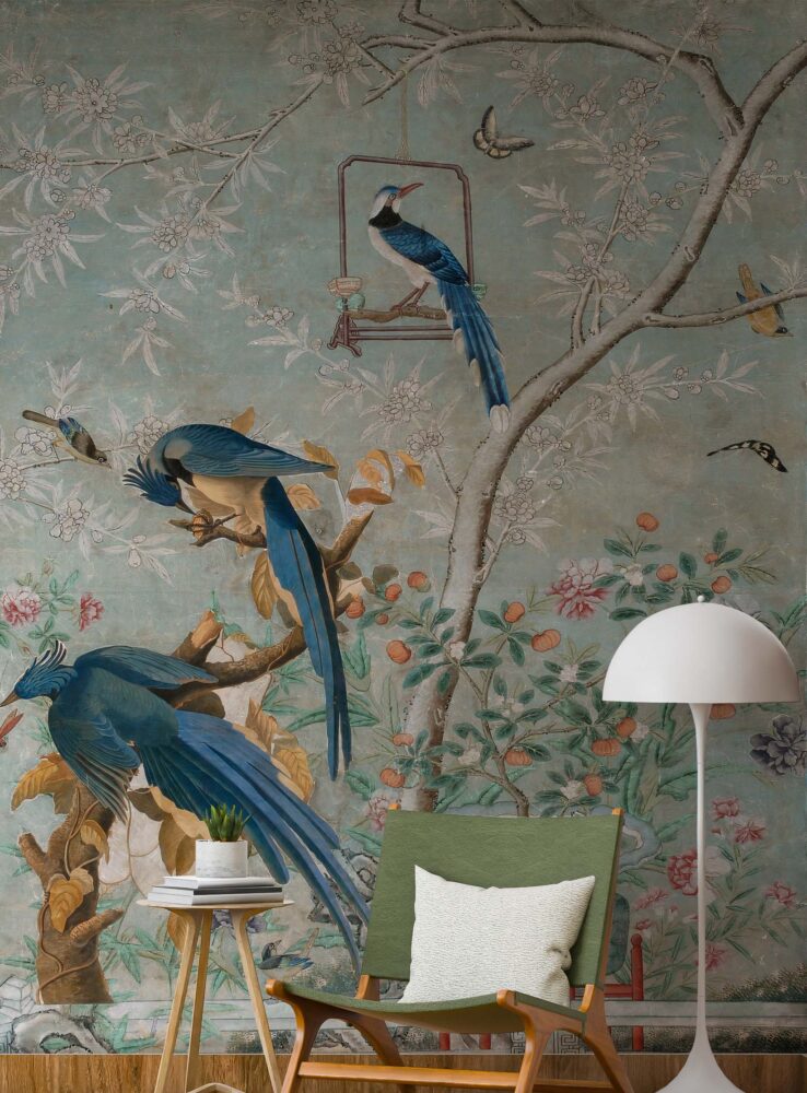 Blue Bird Chinoiserie Wallpaper : Vintage Branches and Blossoms Mural - View 3