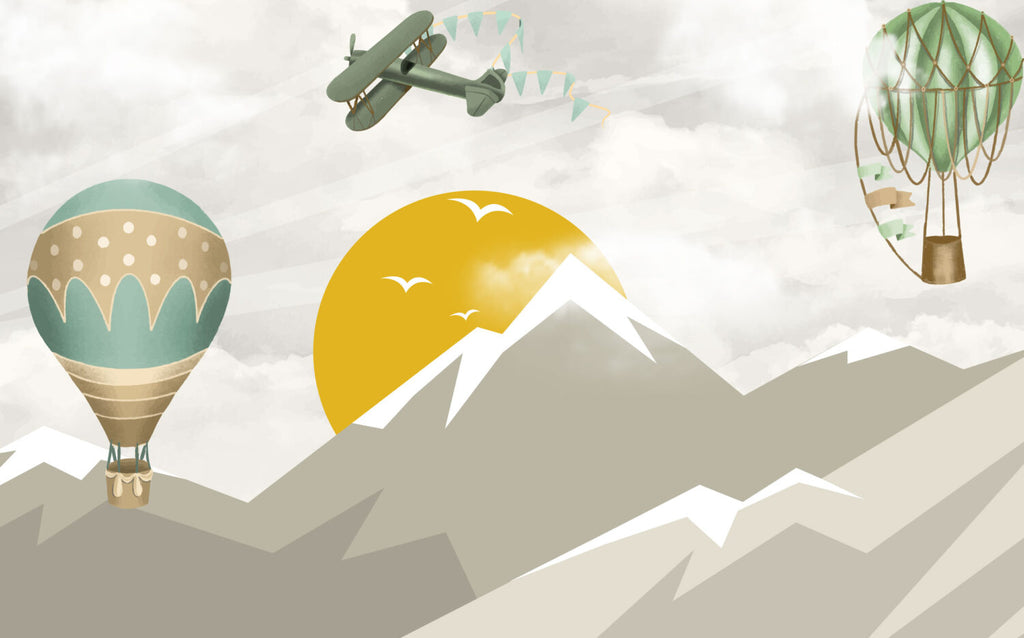 Hot Air Balloon Mountain Wallpaper : Yellow Sun Kids Mural - flat design