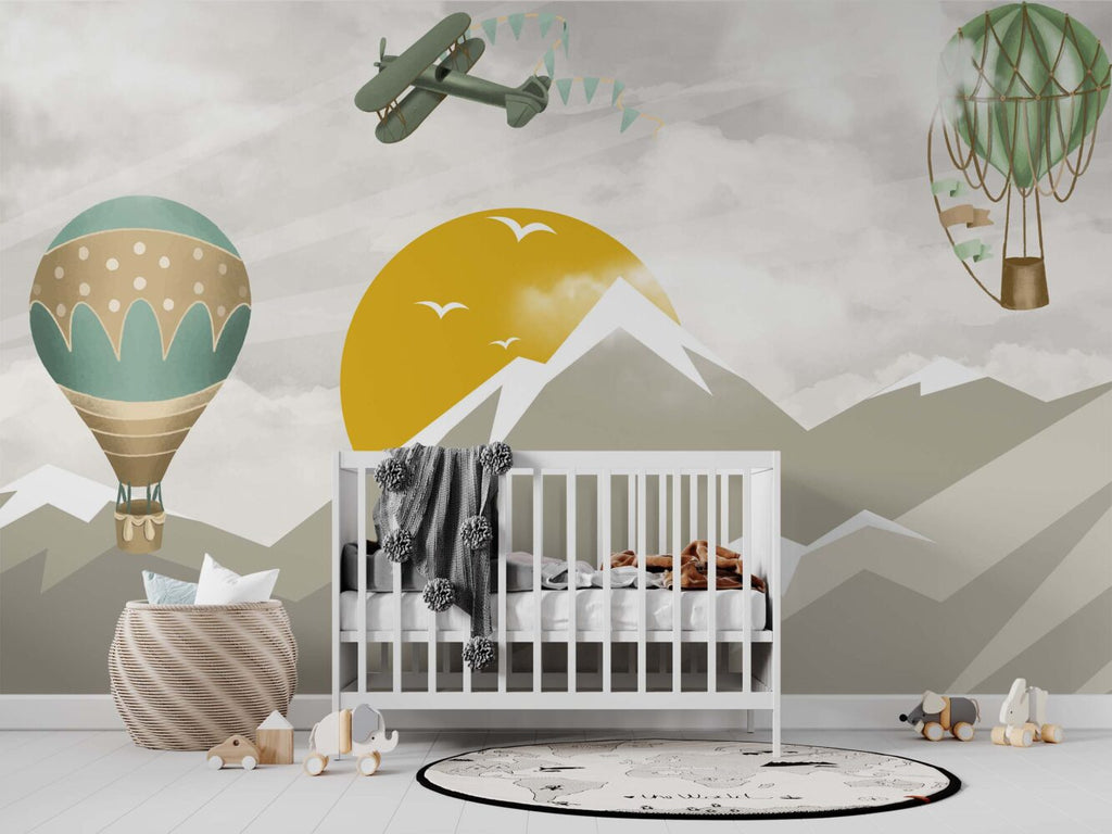 Hot Air Balloon Mountain Wallpaper : Yellow Sun Kids Mural - View 2