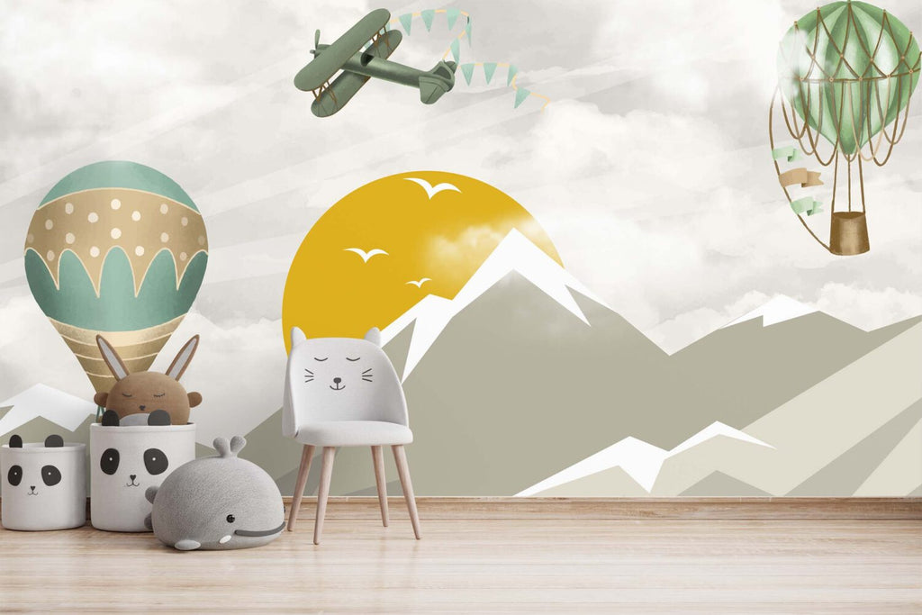 Hot Air Balloon Mountain Wallpaper : Yellow Sun Kids Mural - View 3
