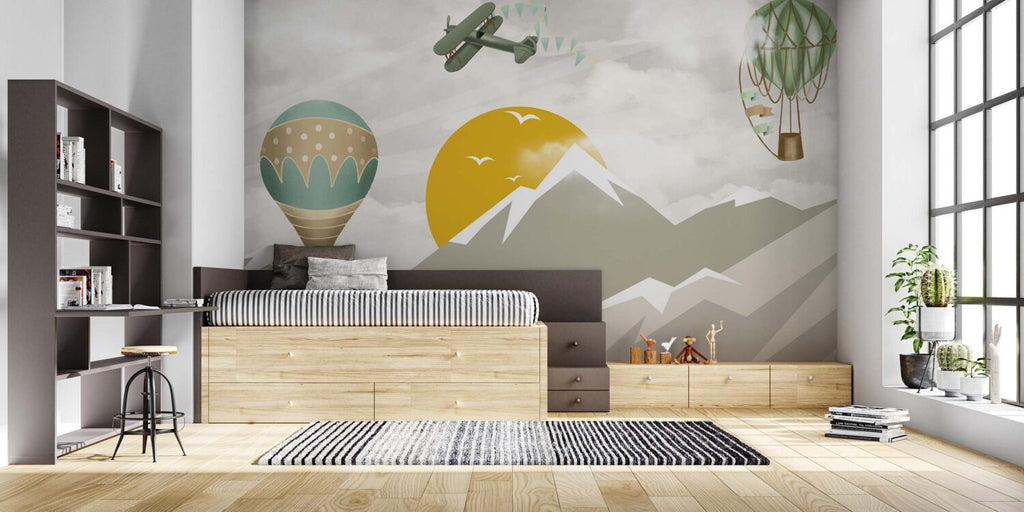 Hot Air Balloon Mountain Wallpaper : Yellow Sun Kids Mural