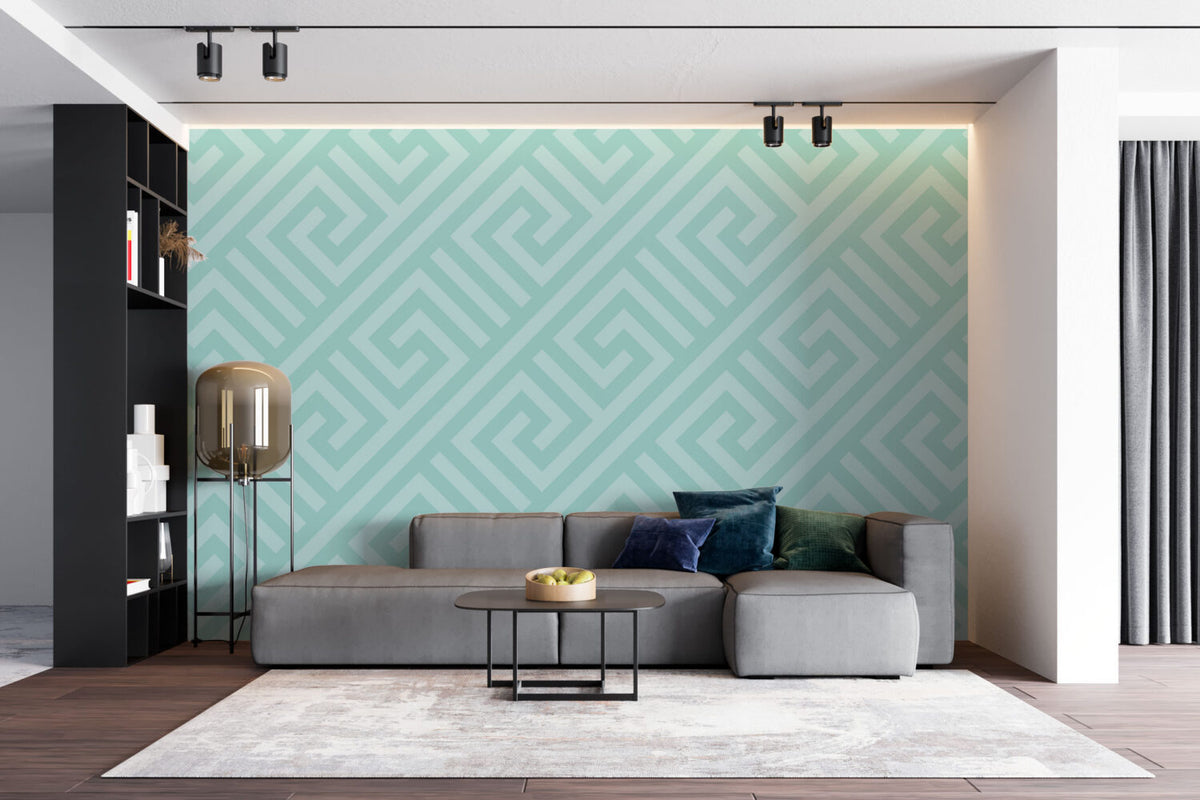 Mint Greek Key Wallpaper : Geometric Maze Pattern - View 3