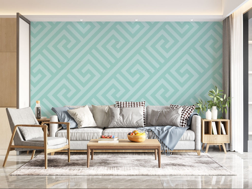 Mint Greek Key Wallpaper : Geometric Maze Pattern
