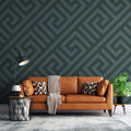 Dark Green Greek Key Wallpaper : Geometric Maze Pattern