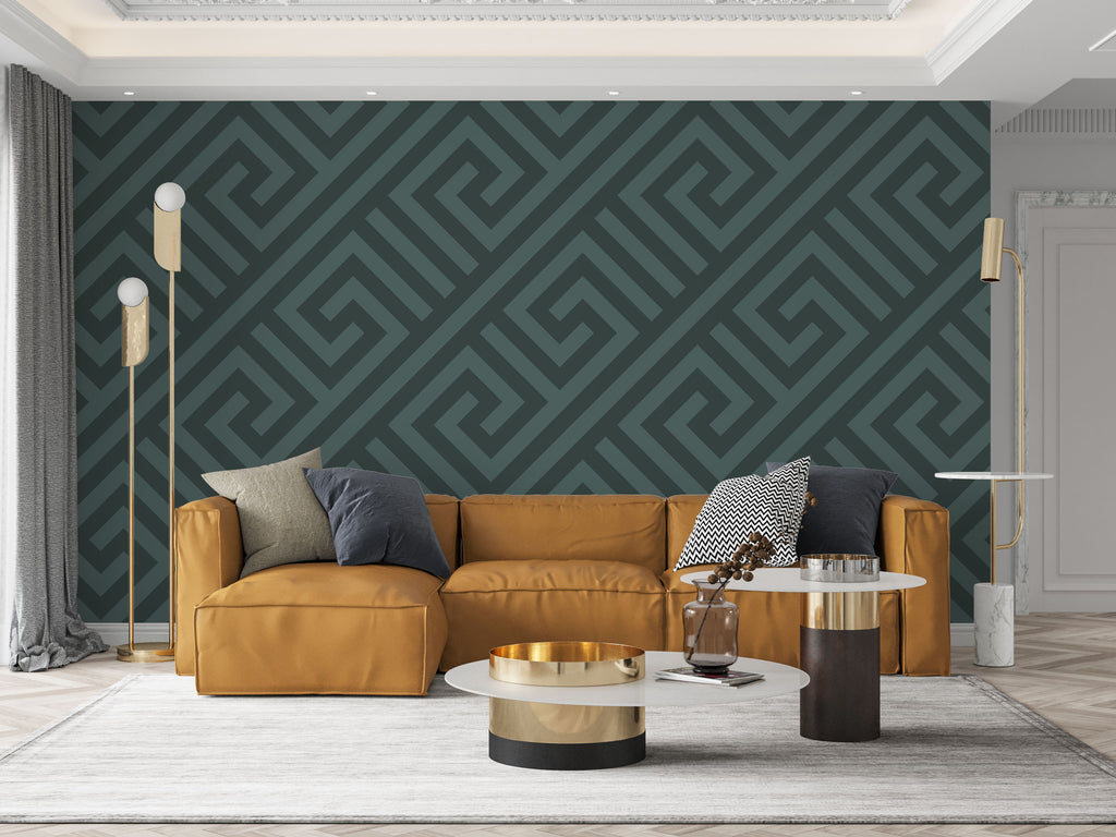 Dark Green Greek Key Wallpaper : Geometric Maze Pattern - View 3