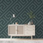 Dark Green Greek Key Wallpaper : Geometric Maze Pattern - View 2