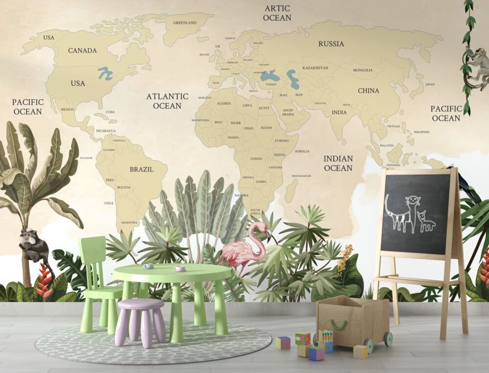 Tropical World Map Wallpaper : Kids Jungle Atlas Mural