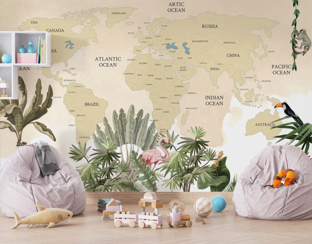 Tropical World Map Wallpaper : Kids Jungle Atlas Mural - View 4