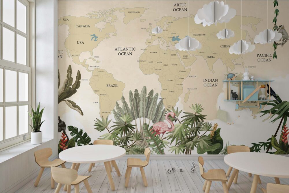 Tropical World Map Wallpaper : Kids Jungle Atlas Mural - View 3