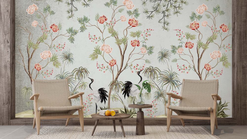 Chinoiserie Peony Crane Wallpaper : Sage Tree Of Life Mural - View 3