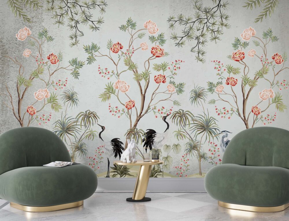 Chinoiserie Peony Crane Wallpaper : Sage Tree Of Life Mural - View 2