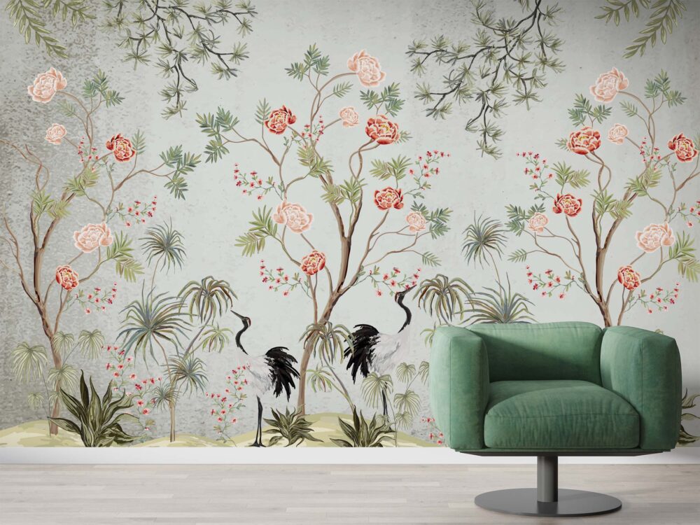 Chinoiserie Peony Crane Wallpaper : Sage Tree Of Life Mural