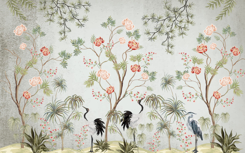 Chinoiserie Peony Crane Wallpaper : Sage Tree Of Life Mural - flat design