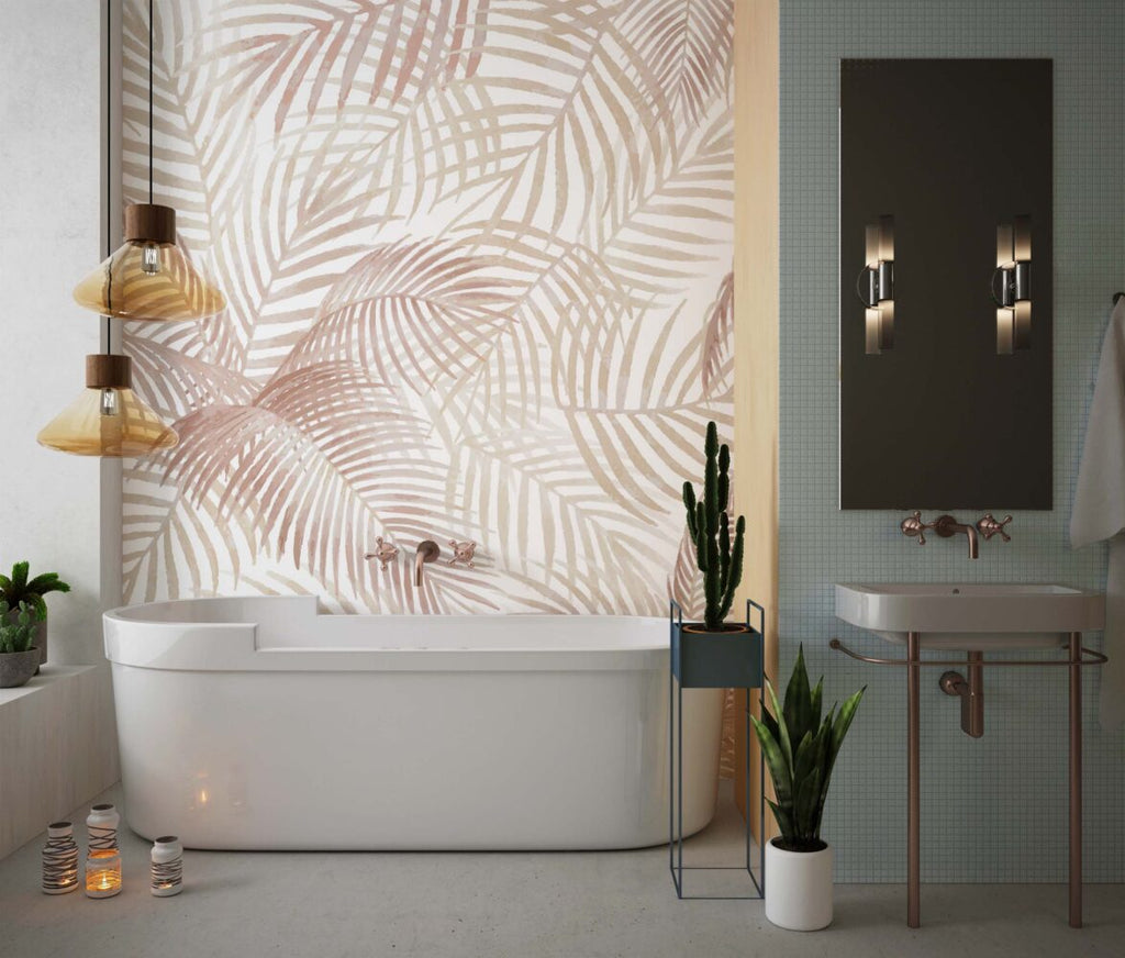 Beige Palm Leaf Wallpaper : Neutral Tropical Fronds Pattern - View 2