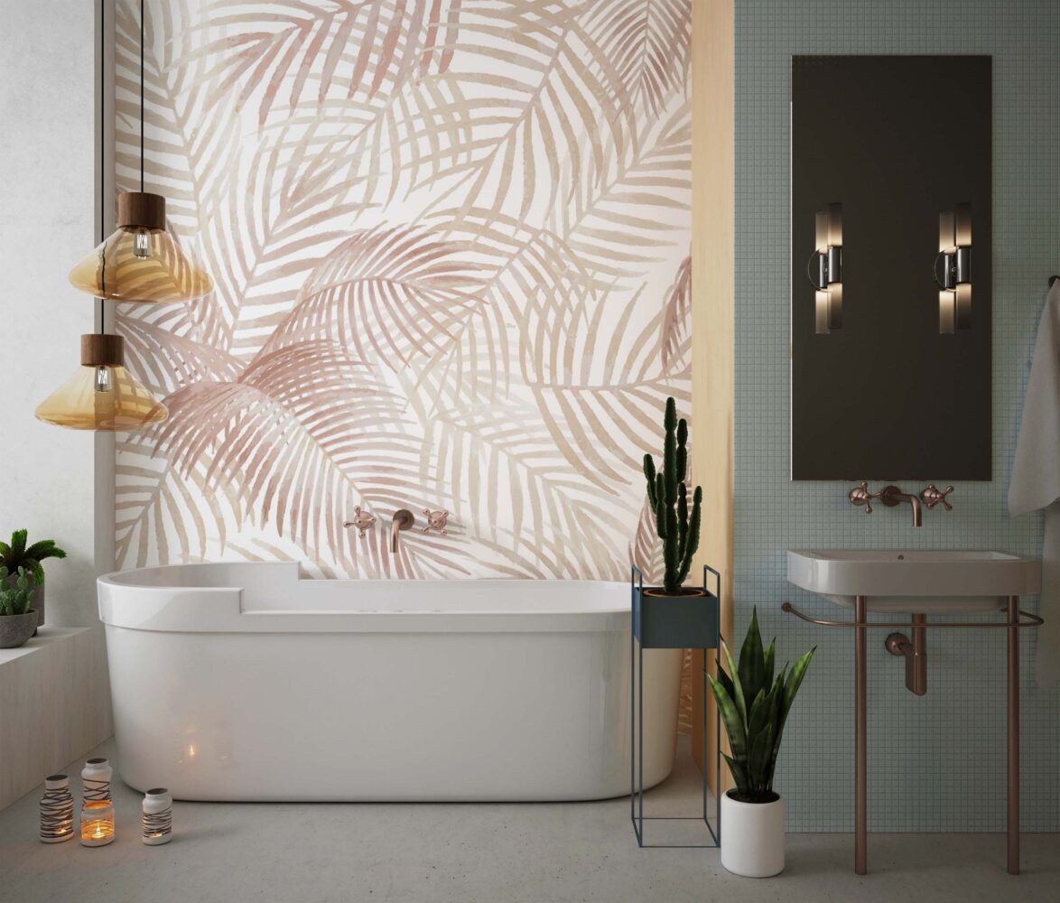 Beige Palm Leaf Wallpaper : Neutral Tropical Fronds Pattern - View 2