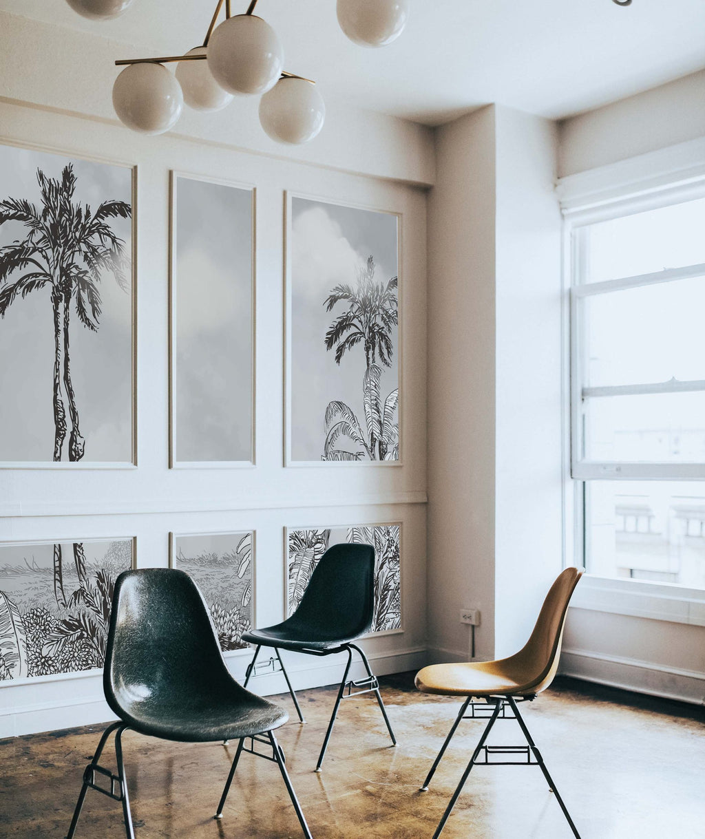 Black And White Palm Wallpaper : Sketch Tropical Landscape Mural