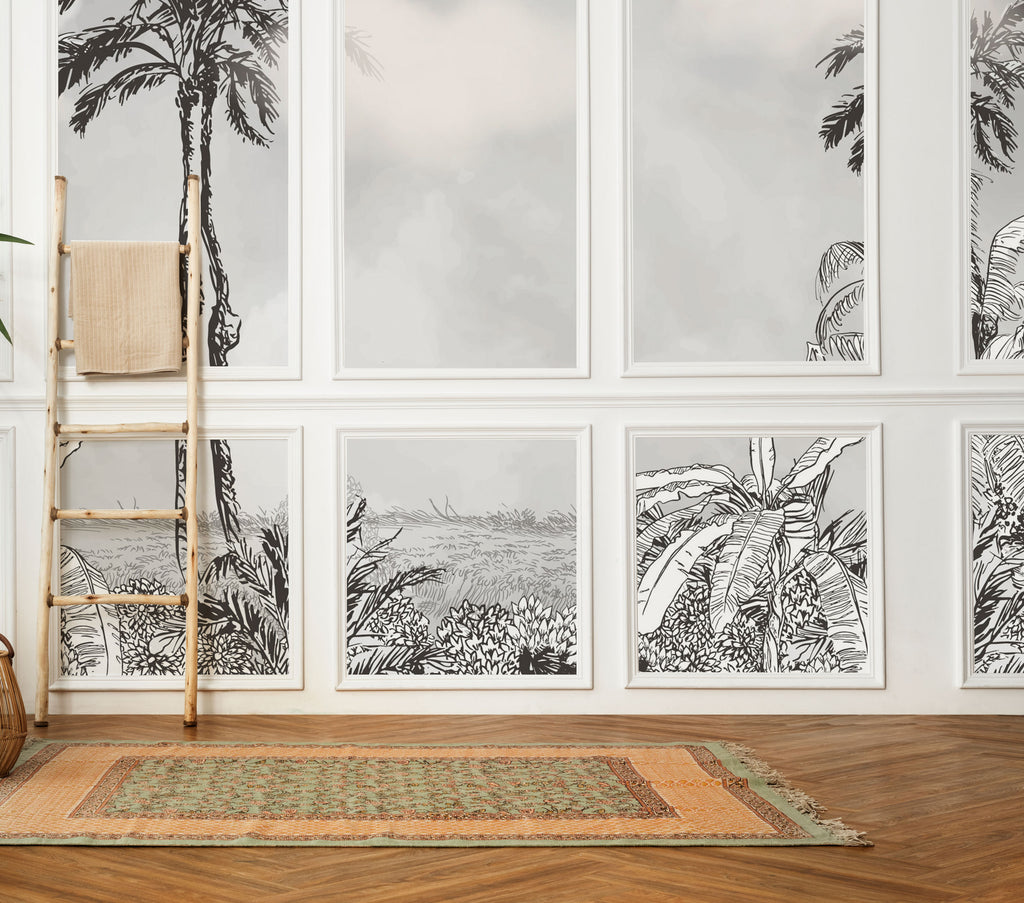 Black And White Palm Wallpaper : Sketch Tropical Landscape Mural - View 4