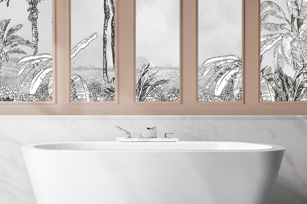 Black And White Palm Wallpaper : Sketch Tropical Landscape Mural - View 2
