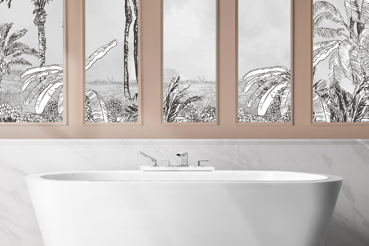 Black And White Palm Wallpaper : Sketch Tropical Landscape Mural - View 2