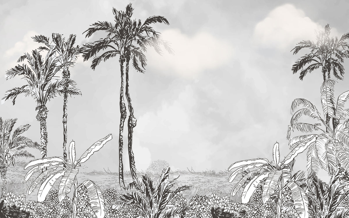 Black And White Palm Wallpaper : Sketch Tropical Landscape Mural - flat design