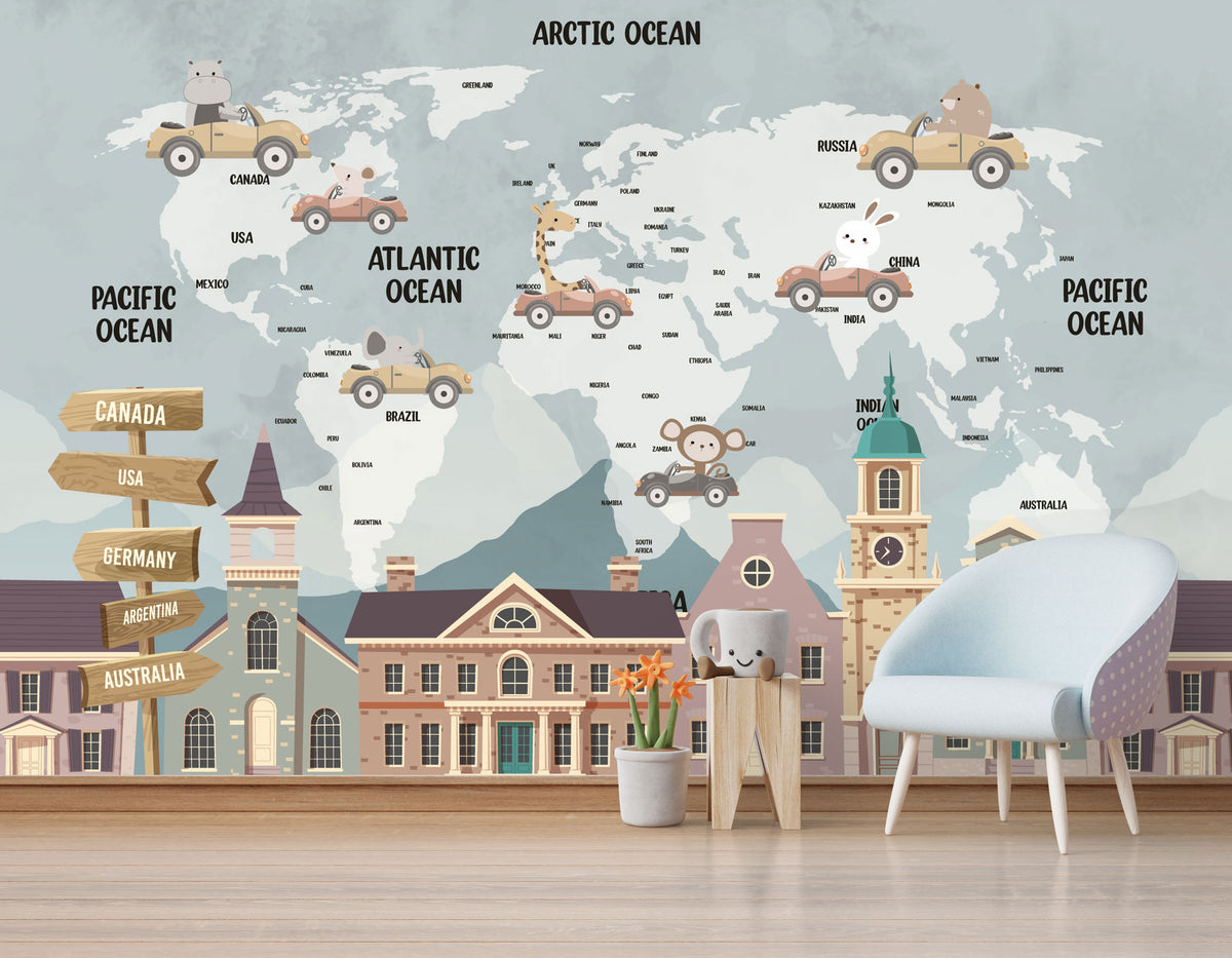 Car Map Wallpaper : Kids Continents With Vehicles Mural
