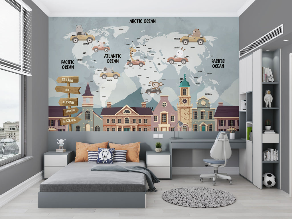 Car Map Wallpaper : Kids Continents With Vehicles Mural - View 2