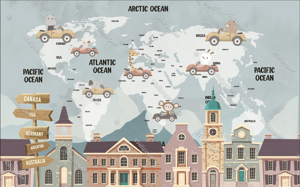 Car Map Wallpaper : Kids Continents With Vehicles Mural - flat design