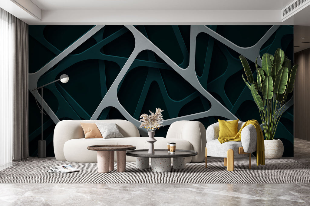 Layered Geometric Wallpaper : Dark Green 3D Mural - View 3
