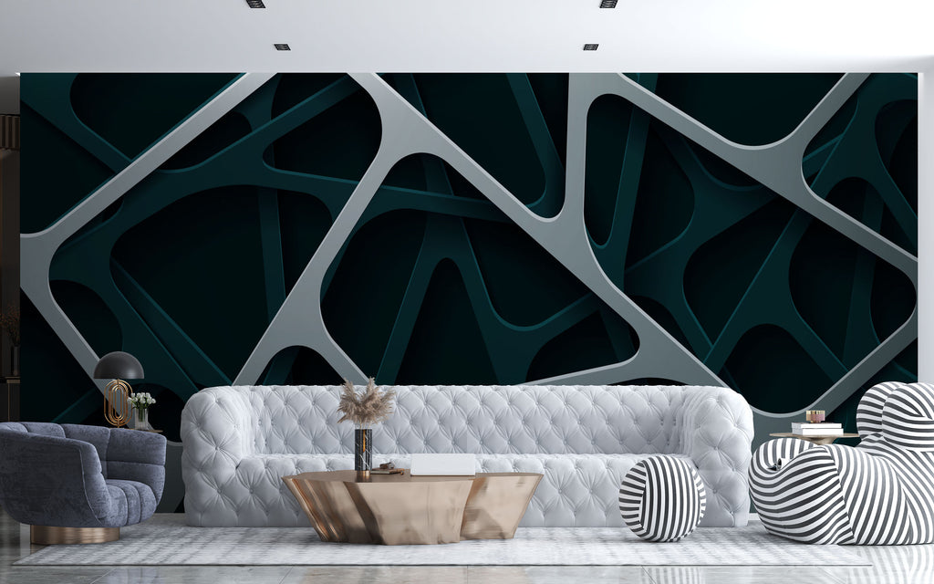 Layered Geometric Wallpaper : Dark Green 3D Mural - View 2