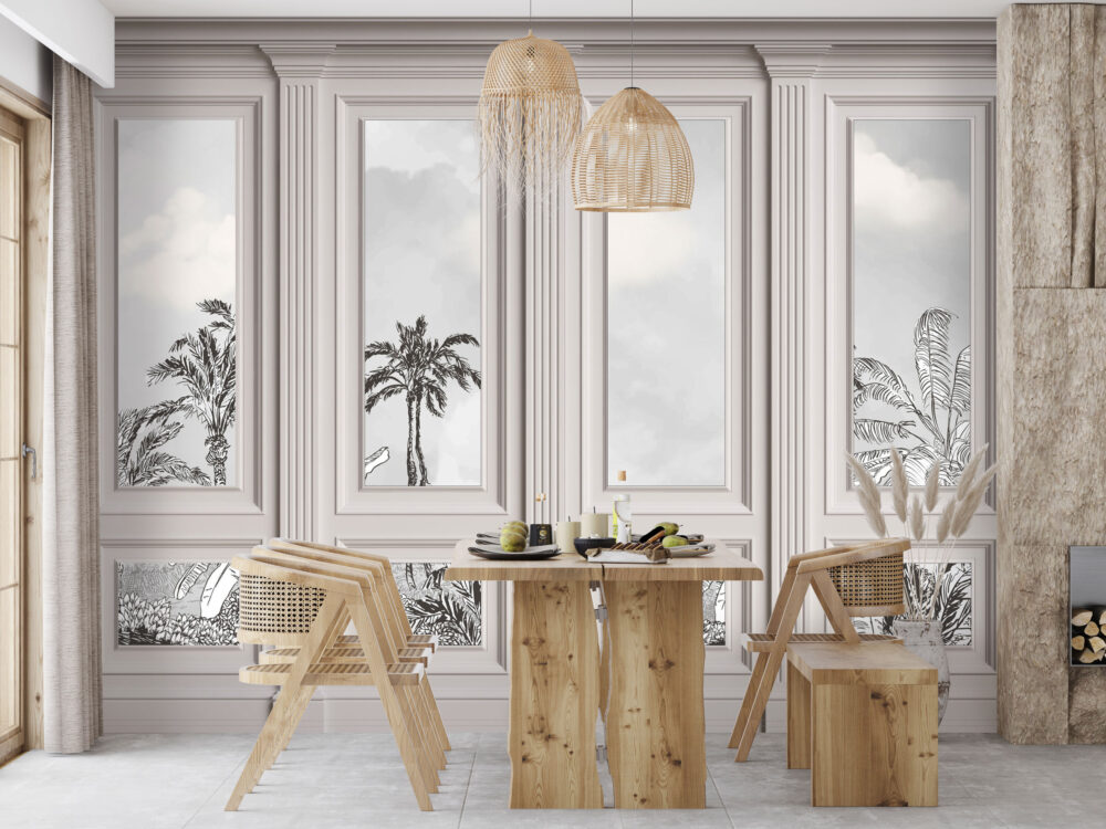 Panelled Palm Window Wallpaper : Grey Classic Moulding Mural - View 2